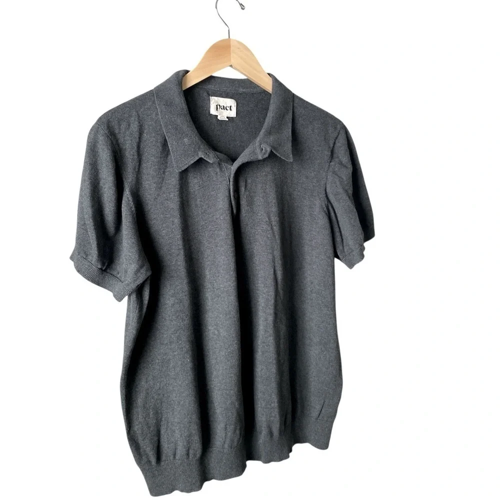Pact 100% Organic Cotton Preppy Classic Knit Soft Grey Polo Sweater Men’s Size L